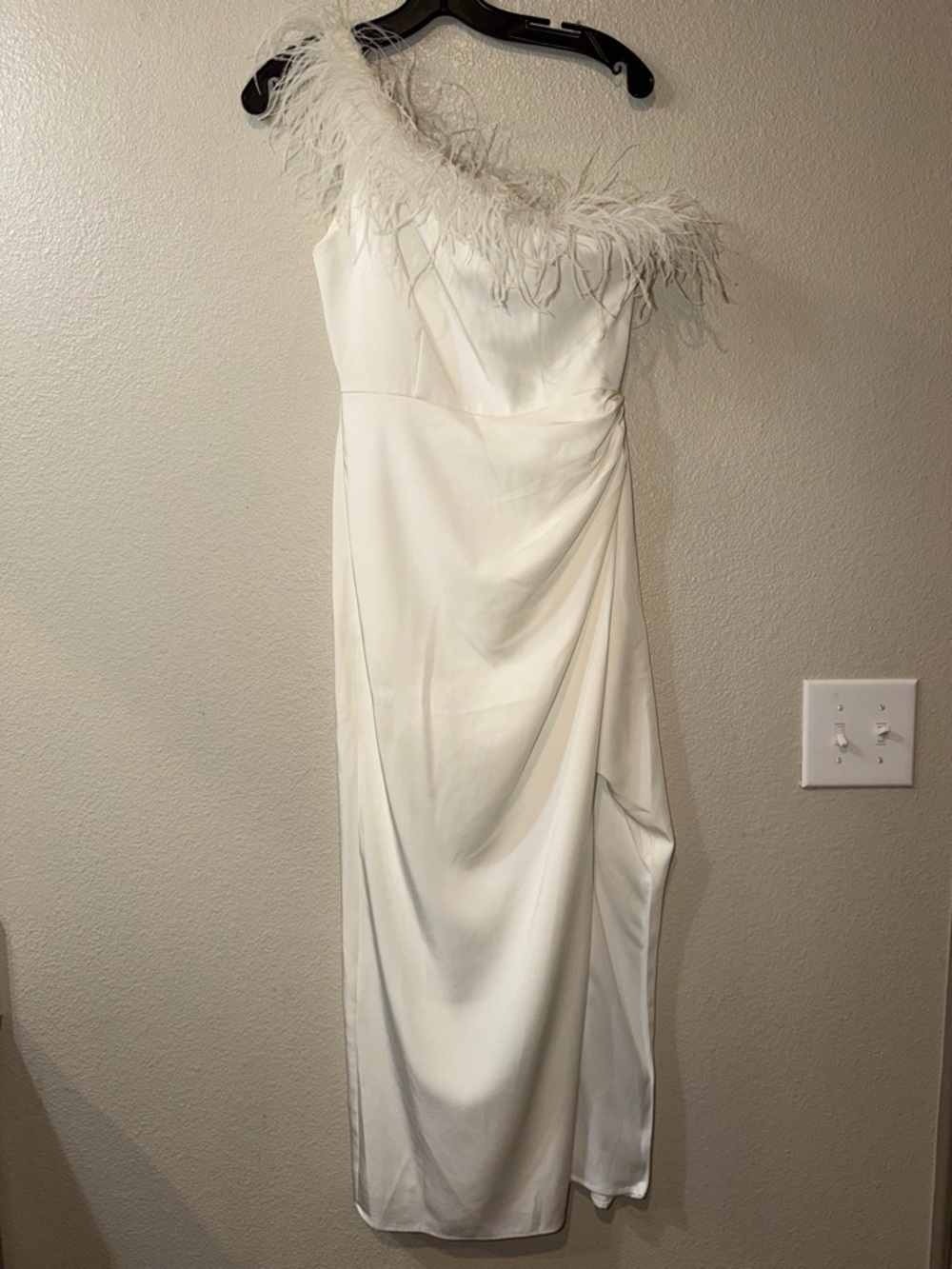 Mac Duggal White One-Shoulder Feather Trim Satin Dress